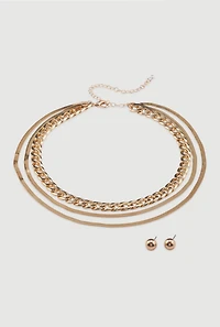 Layered Chain Link Herringbone Necklace and Earrings