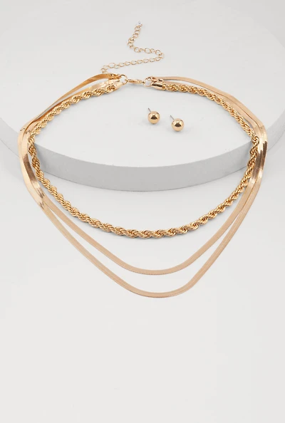 Assorted Metallic Layered Necklace and Stud Earrings