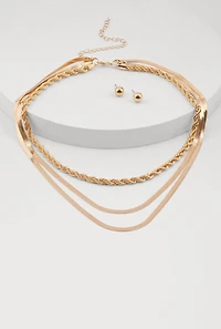 Assorted Metallic Layered Necklace and Stud Earrings