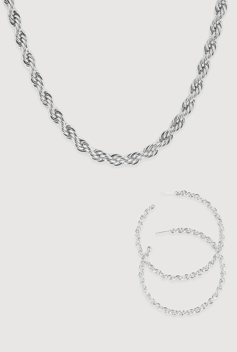 Twisted Rope Chain Necklace and Hoop Earrings