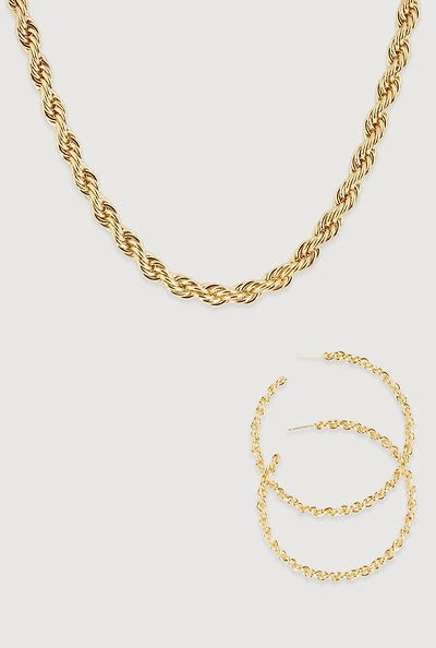 Twisted Rope Chain Necklace and Hoop Earrings
