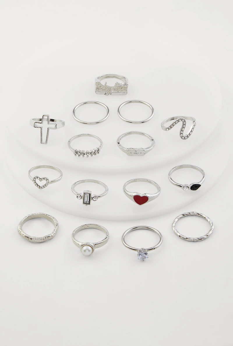 Assorted Cubic Zirconia Metallic Rings Set of 15