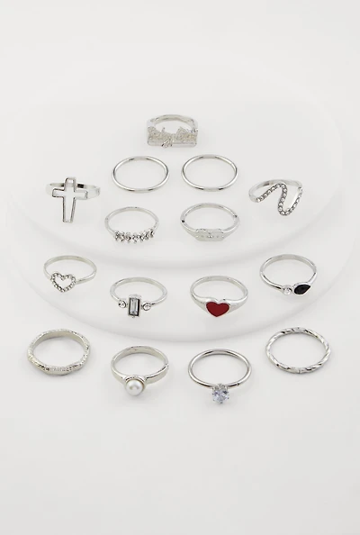 Assorted Cubic Zirconia Metallic Rings Set of 15