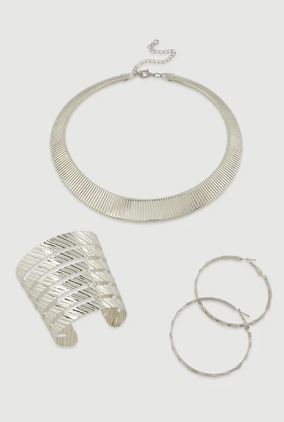 Ribbed Choker Necklace with Bangle and Hoop Earrings Set