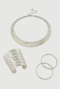 Ribbed Choker Necklace with Bangle and Hoop Earrings Set