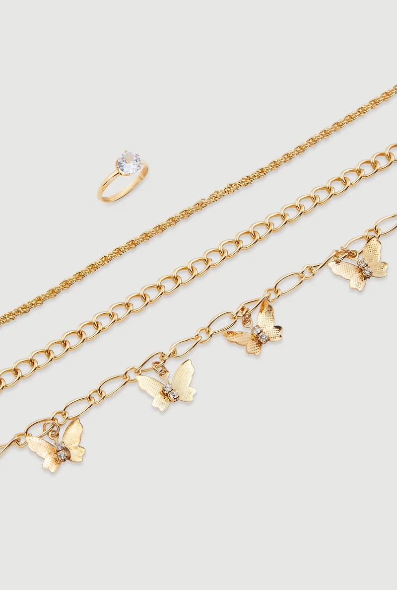 Cubic Zirconia Butterfly Anklets and Toe Ring Set