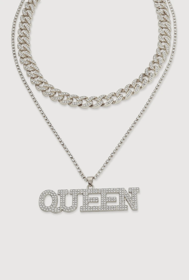 Queen Cubic Zirconia Curb Chain Layered Necklace