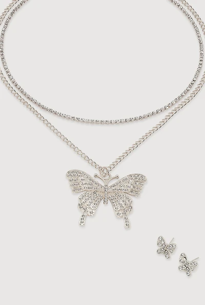 Butterfly Cubic Zirconia Layered Necklace and Earrings Set
