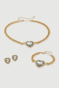 Womens Cubic Zirconia Heart Charm Necklace and Bracelet with Stud Earrings, Gold