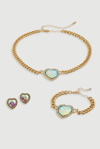 Womens Cubic Zirconia Heart Charm Necklace and Bracelet with Stud Earrings, Multi