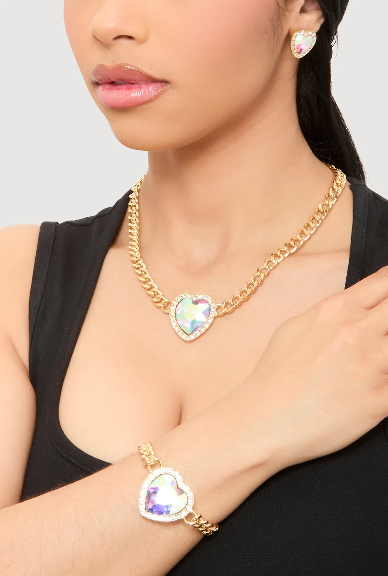 Womens Cubic Zirconia Heart Charm Necklace and Bracelet with Stud Earrings, Multi