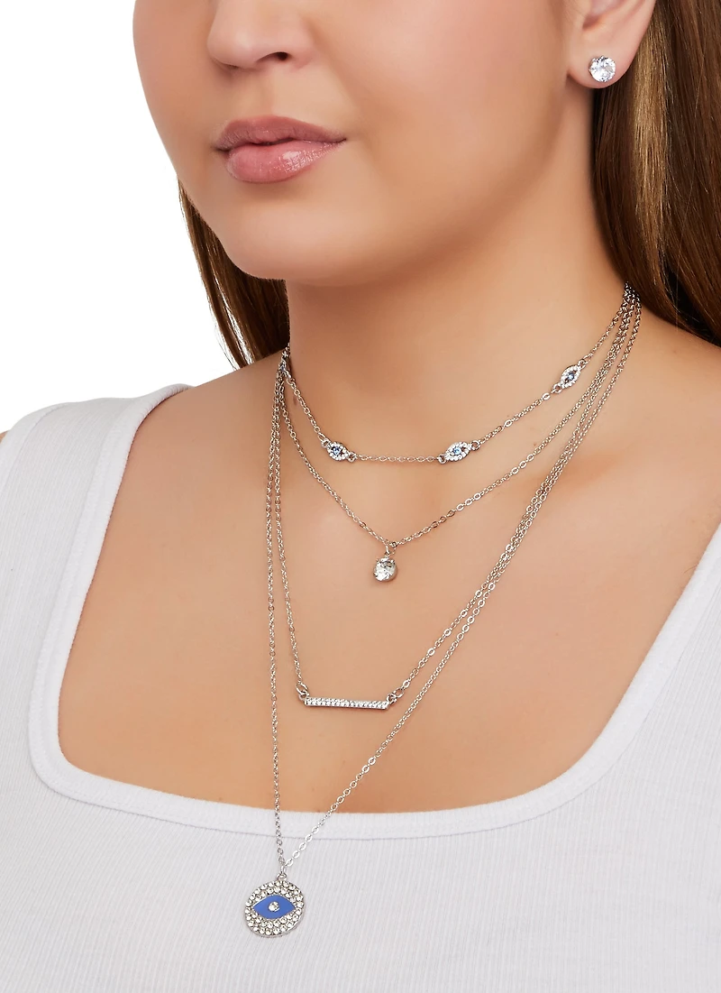 Rhinestone Evil Eye Layered Chain Necklace and Stud Earrings