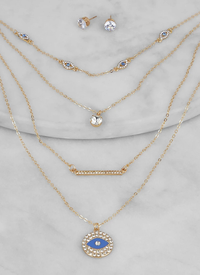 Womens Rhinestone Evil Eye Layered Chain Necklace and Stud Earrings, Gold