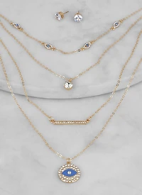 Womens Rhinestone Evil Eye Layered Chain Necklace and Stud Earrings, Gold