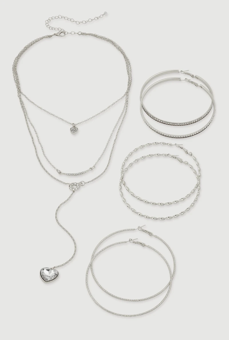 Womens Heart Charm Layered Necklace and Hoop Earring Trio Set, Silver