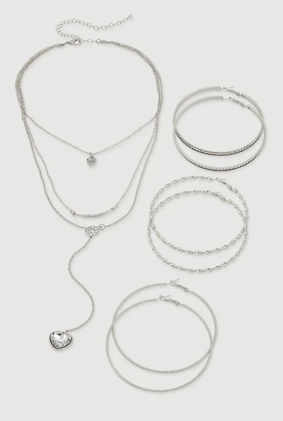 Womens Heart Charm Layered Necklace and Hoop Earring Trio Set, Silver