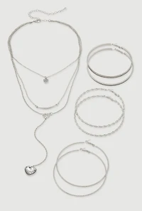 Womens Heart Charm Layered Necklace and Hoop Earring Trio Set, Silver