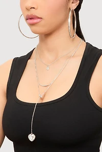 Womens Heart Charm Layered Necklace and Hoop Earring Trio Set, Silver