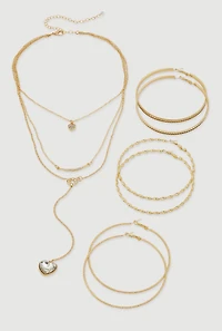 Womens Heart Charm Layered Necklace and Hoop Earring Trio Set, Gold