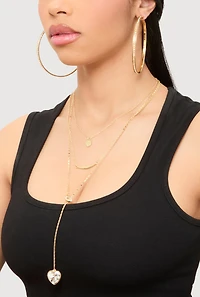 Womens Heart Charm Layered Necklace and Hoop Earring Trio Set, Gold