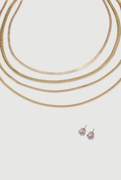 Womens Layered Herringbone Necklace and Stud Earrings, Gold