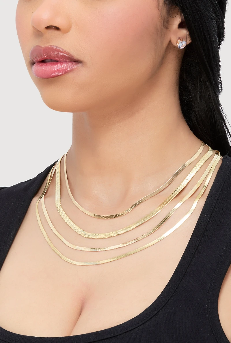 Womens Layered Herringbone Necklace and Stud Earrings, Gold