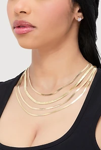Womens Layered Herringbone Necklace and Stud Earrings, Gold
