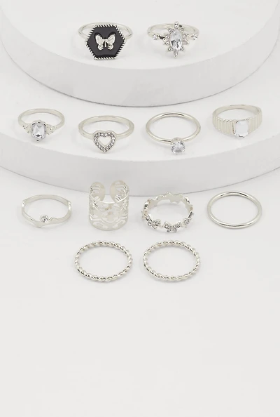 Womens Butterfly Cubic Zirconia Assorted Rings Set of 12, Silver