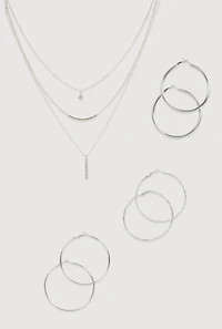 Cubic Zirconia Layered Necklace and Hoop Earrings Set of 4