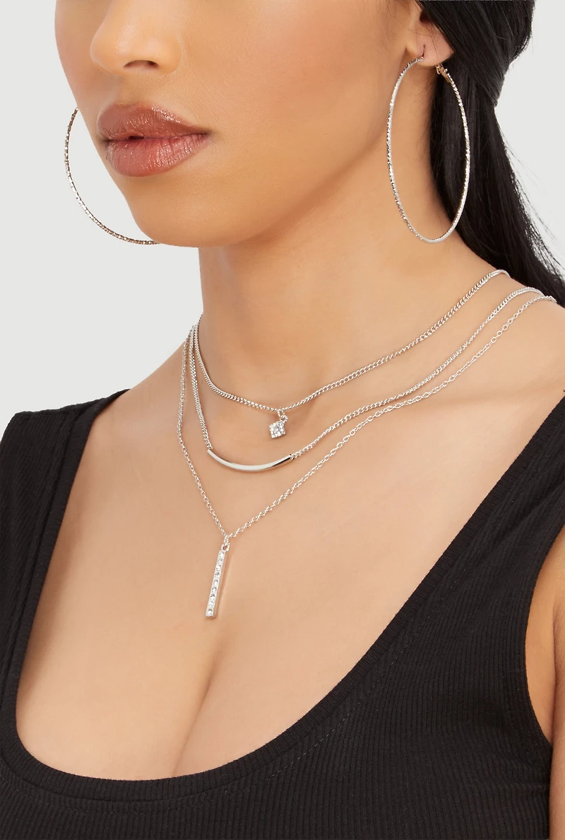 Cubic Zirconia Layered Necklace and Hoop Earrings Set of 4