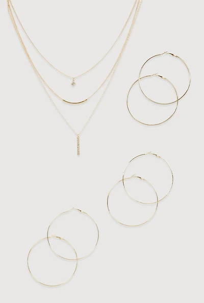 Cubic Zirconia Layered Necklace and Hoop Earrings Set of 4