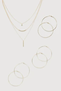 Cubic Zirconia Layered Necklace and Hoop Earrings Set of 4