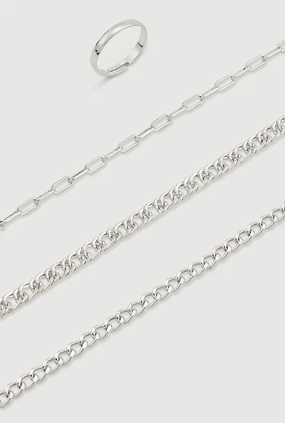 Metallic Chain Anklet Trio with Toe Ring