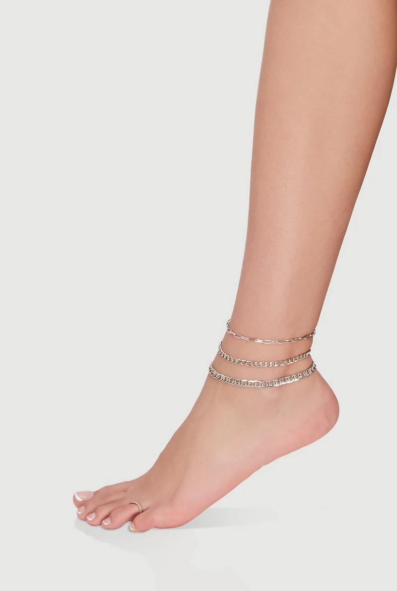 Metallic Chain Anklet Trio with Toe Ring