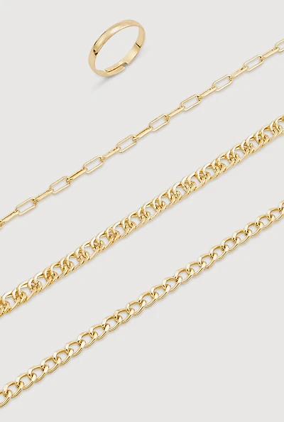 Metallic Chain Anklet Trio with Toe Ring
