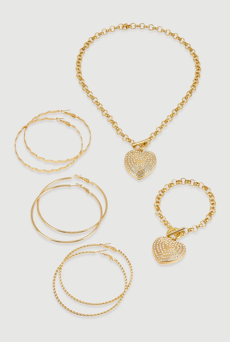 Womens Heart Toggle Necklace and Bracelet with Hoop Earring Trio,