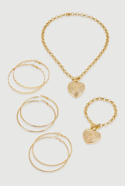 Womens Heart Toggle Necklace and Bracelet with Hoop Earring Trio,