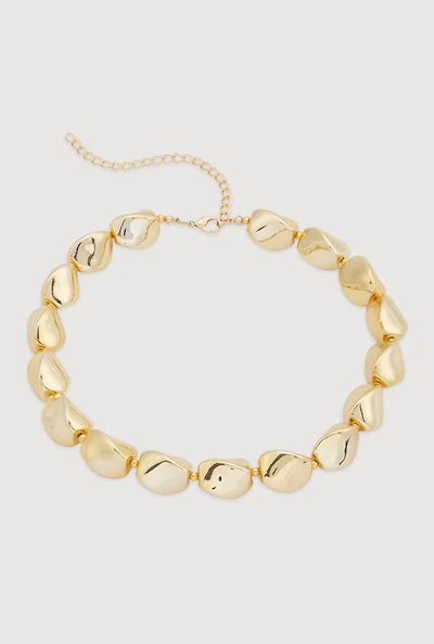 Womens Metallic Sculpted Beaded Statement Necklace, Gold