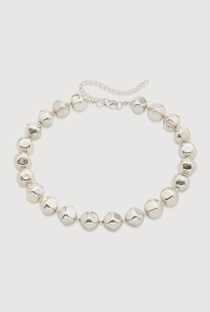 Womens Metallic Beaded Statement Necklace, Silver