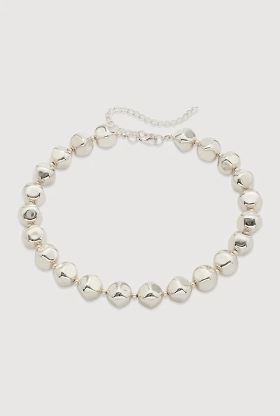 Womens Metallic Beaded Statement Necklace, Silver