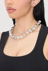 Womens Metallic Beaded Statement Necklace, Silver