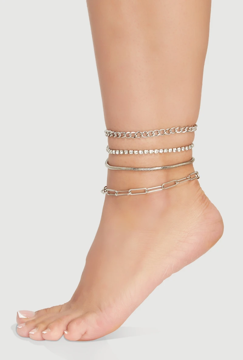 Cubic Zirconia Assorted Link Chain Anklet Set of 4