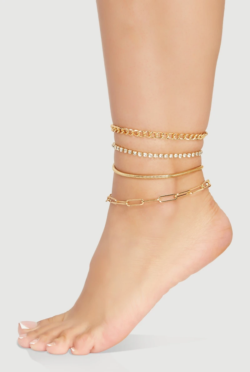 Cubic Zirconia Assorted Link Chain Anklet Set of 4