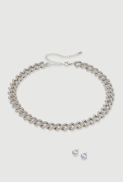 Cubic Zirconia Chain Link Necklace with Stud Earrings