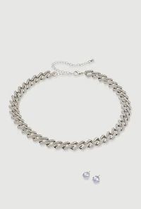 Cubic Zirconia Chain Link Necklace with Stud Earrings