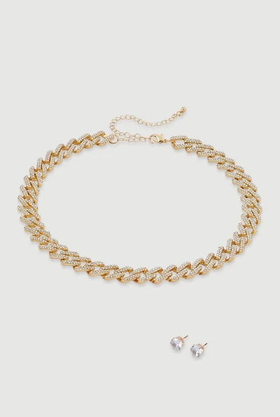 Womens Cubic Zirconia Chain Link Necklace with Stud Earrings, Gold