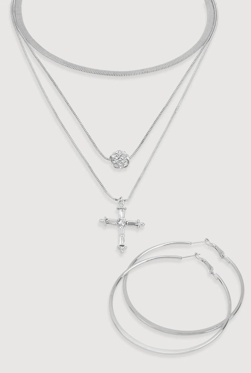 Womens Cubic Zirconia Cross Layered Necklace and Hoop Earrings, Silver