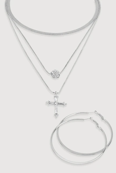 Womens Cubic Zirconia Cross Layered Necklace and Hoop Earrings, Silver