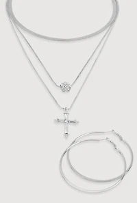 Womens Cubic Zirconia Cross Layered Necklace and Hoop Earrings, Silver