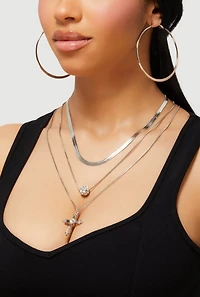 Womens Cubic Zirconia Cross Layered Necklace and Hoop Earrings, Silver